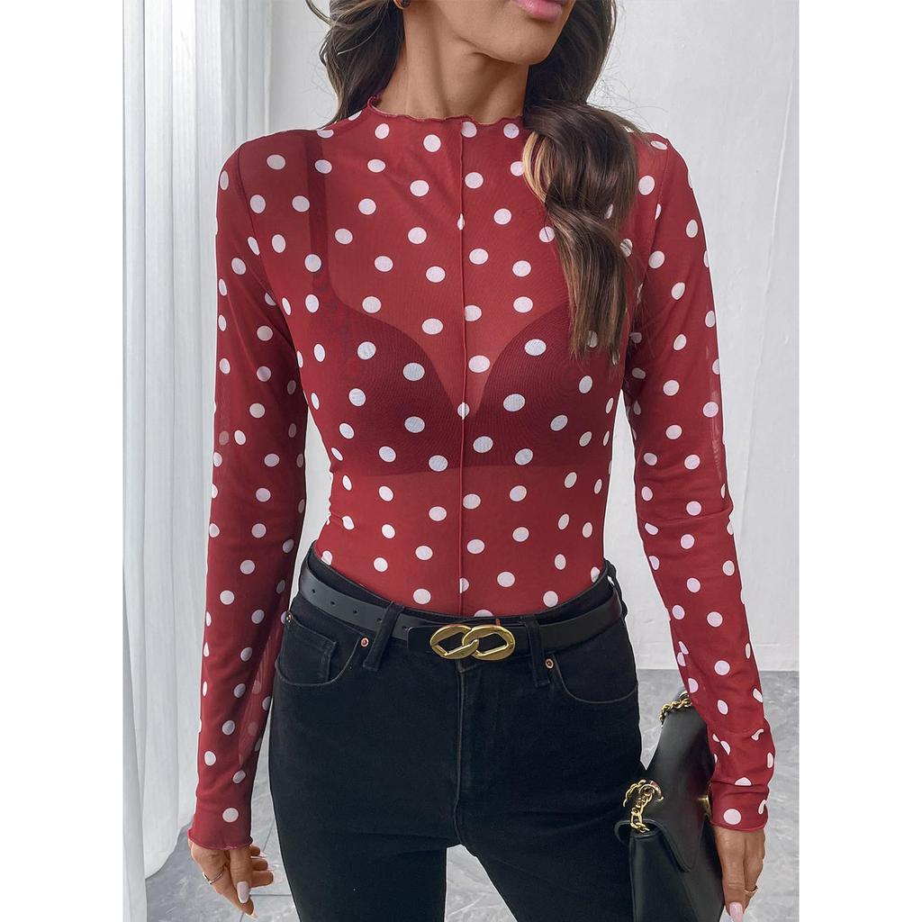 Women Semi Sheer Mesh Polka Dot Long Sleeve Mock Neck Top Lightweight Stretchy Fitted T Shirt Blouse for Layering