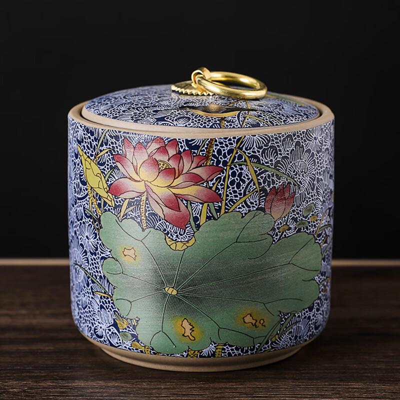 Zhishi Lotus Bird Design Ceramic Sealed Tea Caddy