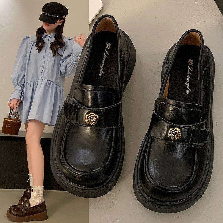 Round Head Brown British Style Thick Heel Platform Small Leather Shoes Women's 2025 Spring New French One-pedal Loafer Single Shoes Women