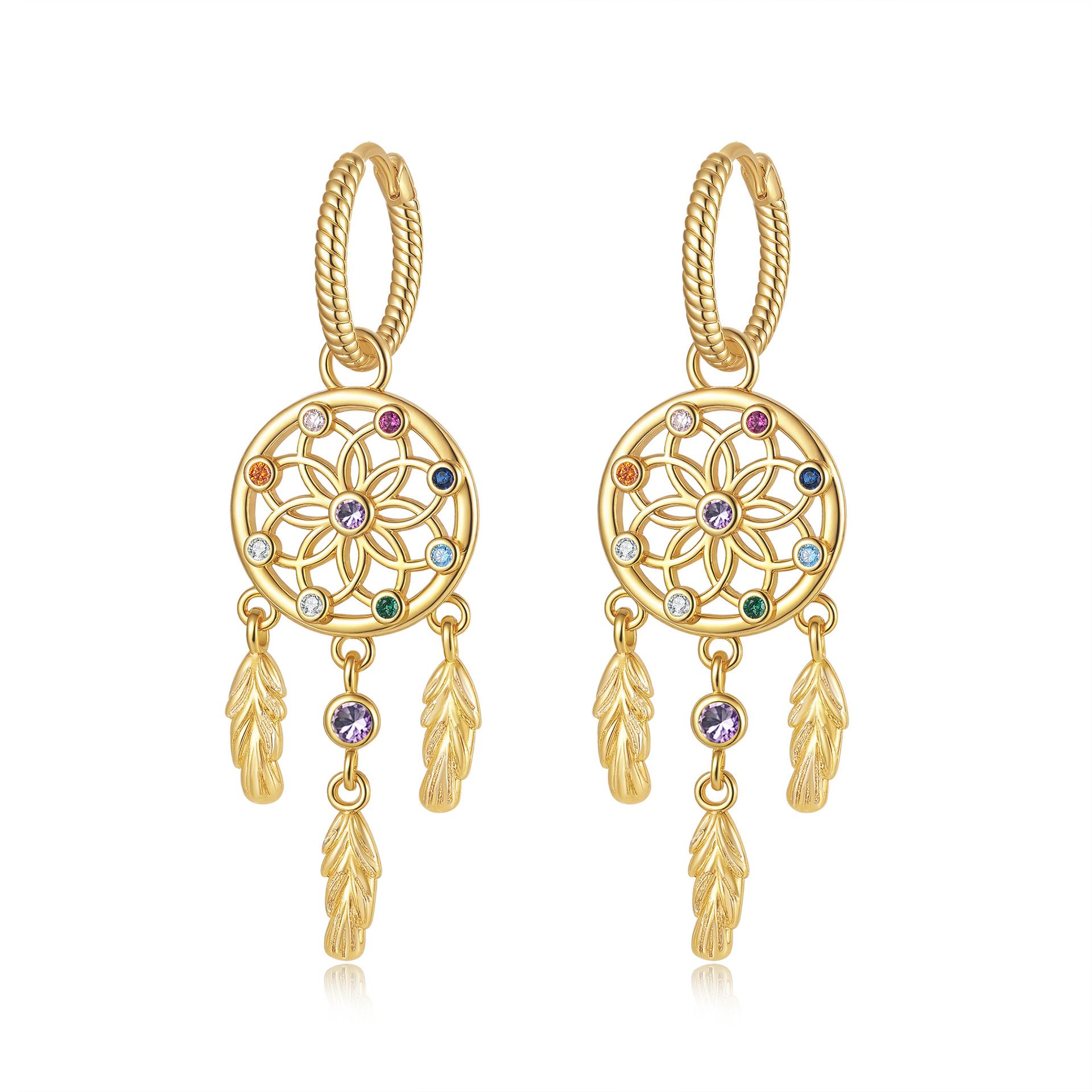

Diamond-Studded Feather Tassel Dreamcatcher Earrings - Women s Niche Fashion in European and American Style