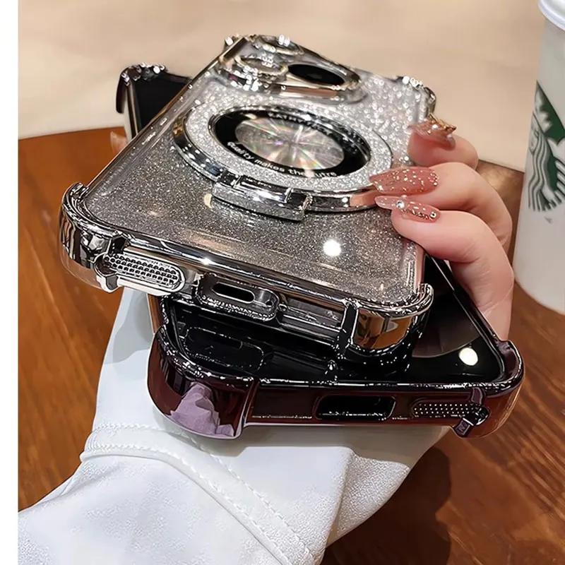 Honor90 5G Case Luxury Magnetic Bracket Shockproof Cover For Huawei Honor 90 70 50 80 100 200 Pro Case with Holder Shiny Glitter