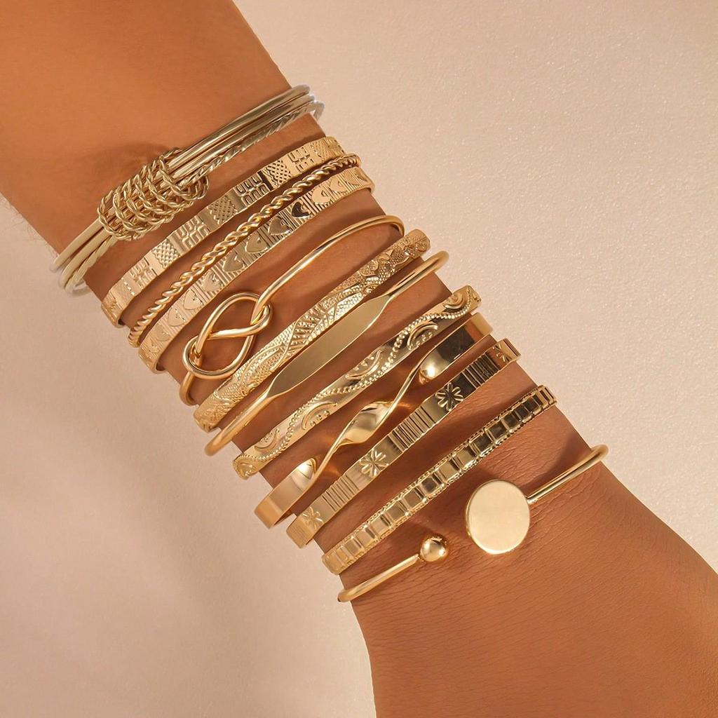 Women's Geometric Pattern Metal Bracelet Set - 12 Pieces, Ancient Craftsmanship, Summer Collection.