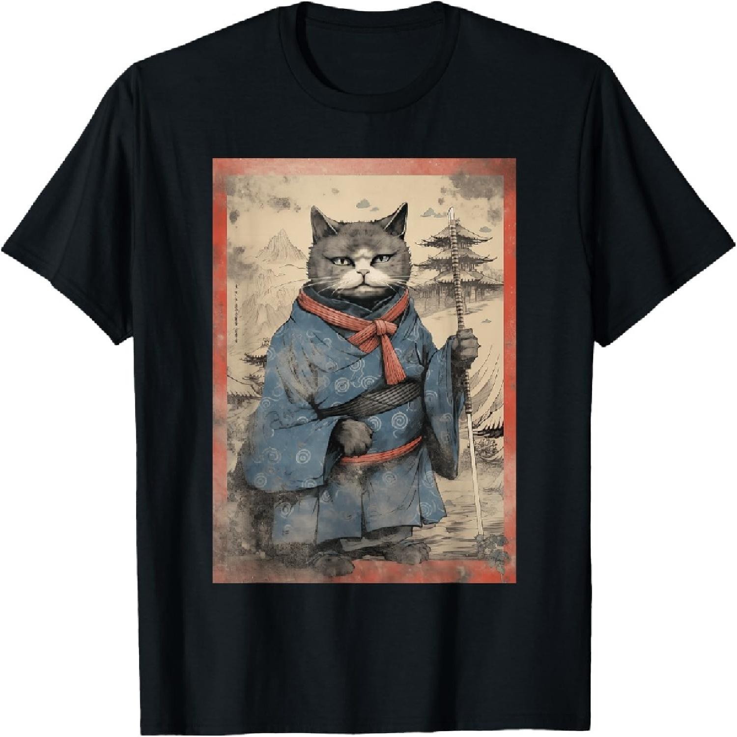 

Japanese Art Cat Ninja Ukiyo-E Anime Style Samurai T-Shirt XXXXXL різнокольоровий