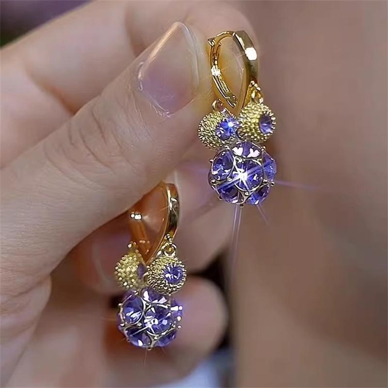 Fashion Trend Purple Crystal Zircon Flower Drop Earrings for Women Light Luxury Geometric Shiny Earring Party Wedding Zircon
