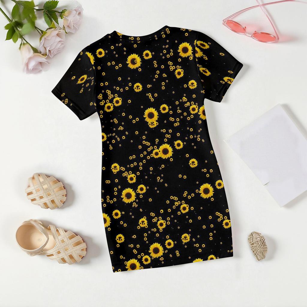 Girls Print Casual Dress Kids Loose Round Neck Short Sleeve Thin Sundress