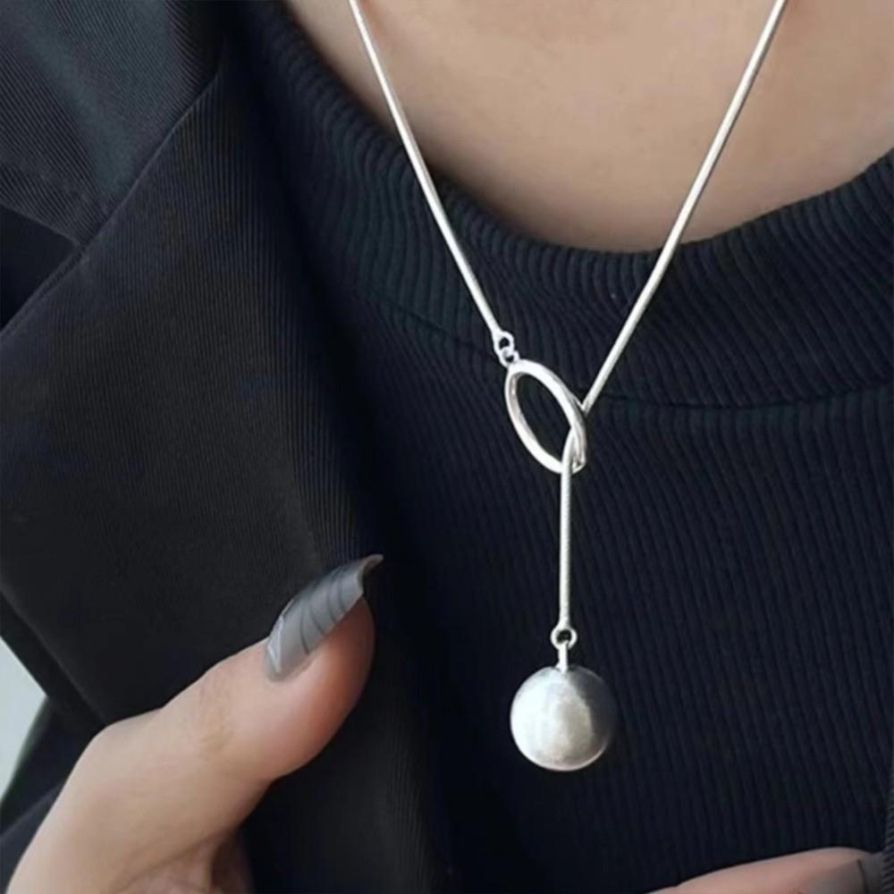 Geometric Shape Long Sweater Chain Luxury Silver Bead Necklace Brushed Round Ball Necklace  Gift