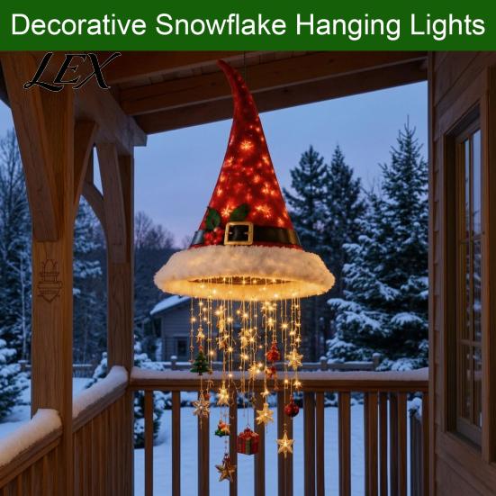 Candy Cane Striped Garland Lights Lighted Santa Hat Hanging Chandelier, Warm LED Christmas String, Sequined Cone Pendant Decor with String for