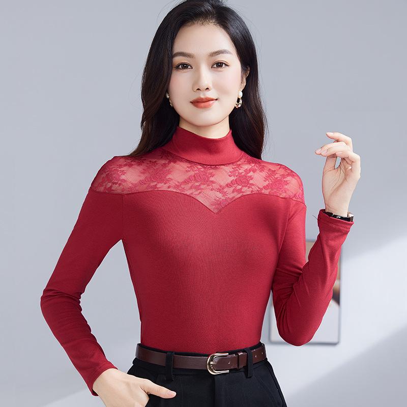 Damen Vielseitiges Spitzen-Patchwork Stretch-Baumwoll Langarm-Top