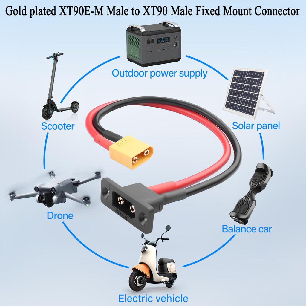XT90E-M Male to XT90 Male Cable 30cm 10AWG Gold Plated with Bulkhead Mount, Dust Cap – RC Adapter for Lipo Batterie