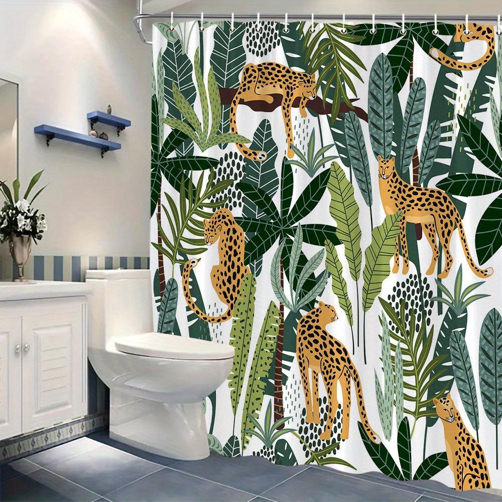 1pc Tropical Cheetah Jungle Shower Curtain - Golden Cheetahs, Green Foliage, Modern Decor, Polyester, Machine Washable