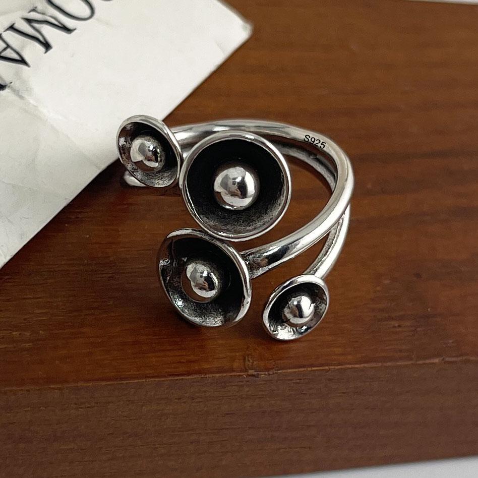 925 Sterling Silver Rings For Women Geometric Fine Jewelry Finger Adjustable Simple Retro Flower Ring For Party Birthday Gift