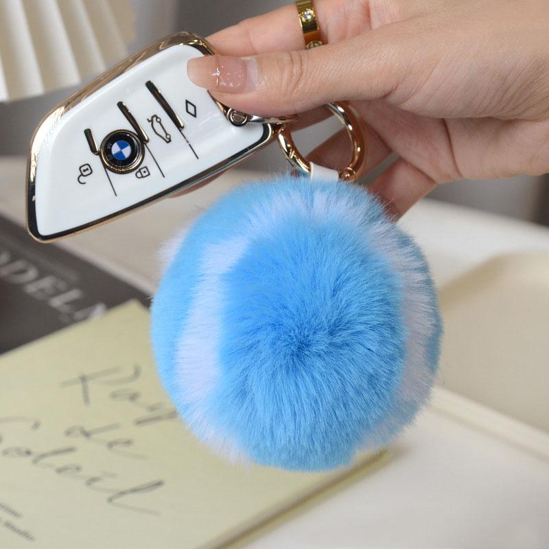 Cute Tennis Ball Key Chain Rabbit Fur Ball Key Chain 8cm Pompons Keychain Plush Bag Charm Girl's Gift Keyring Accessory Key Ring