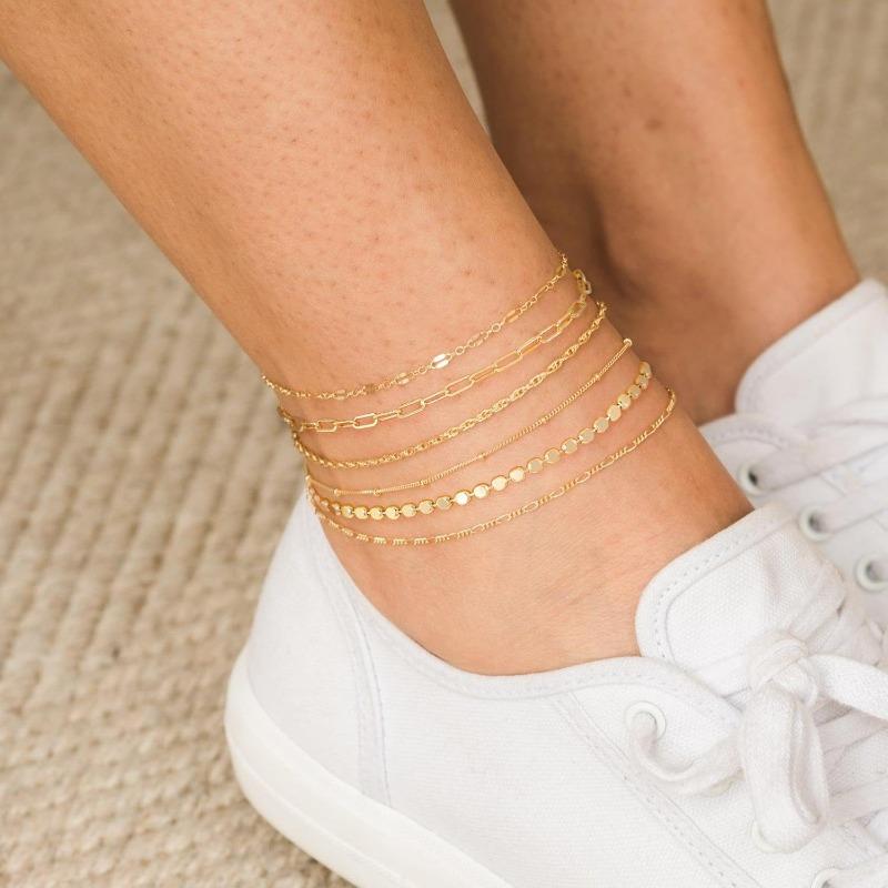 Waterproof Ankle Bracelets for Women Girls, 14K Gold Plated STAINLESS STEE/Alloy 6PCS Anklets Set Dainty Summer Beach Jewelry