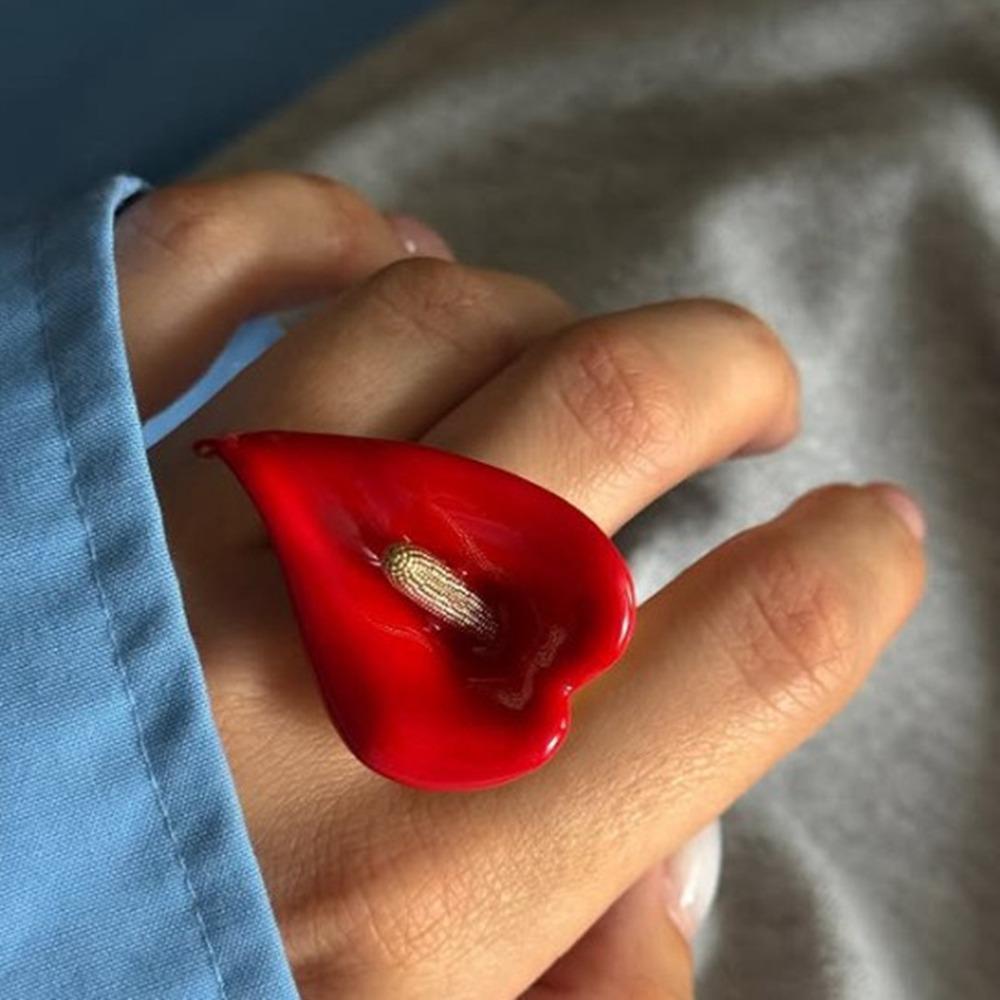 Metal Enamel Calla Flower Ring Adjustable Vintage Ring Personality Geometric Open Ring Women