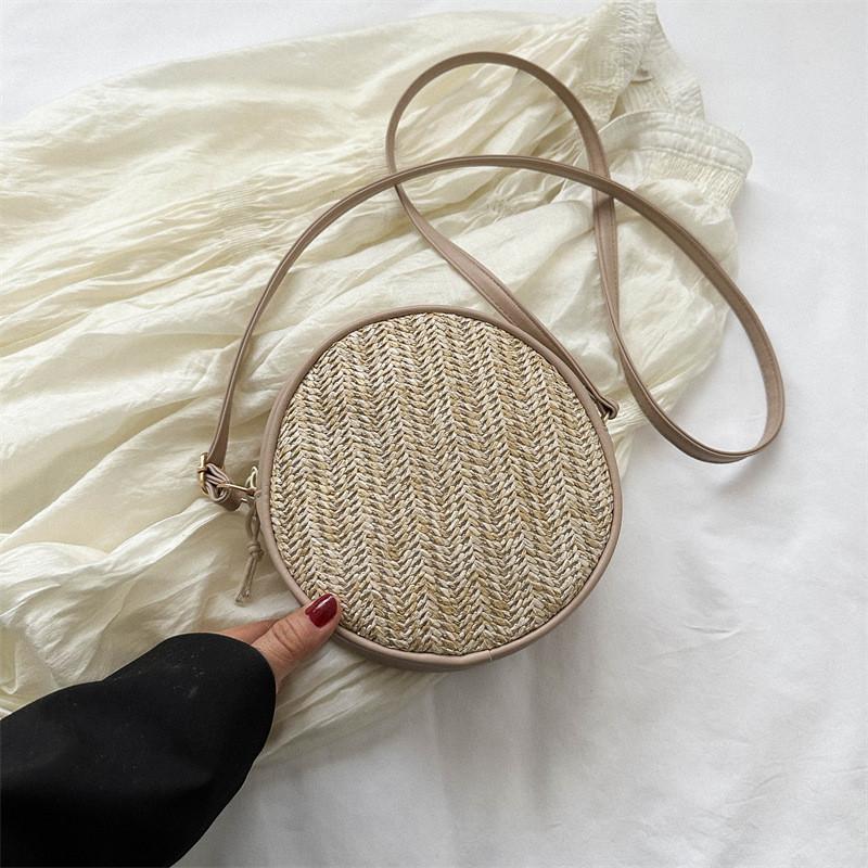 Chic Woven Round Crossbody Bag For Women In Creamy White And Khaki Stylish Casual Design