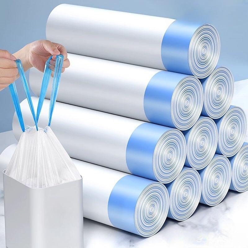 Thicken Drawstring Trash Bags Household Kitchen Rest Room Disposable Garbage Bag Home Cleaning Rubbish Storage Plastic Bags 5 rolls (75pcs) синий