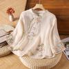 Embroidered Cotton Linen Shirt Women Summer Loose Retro Half Sleeves Blouse Ladie Retro Slanted Placket Frog Button Artsy Three-quarter Sleeve Top