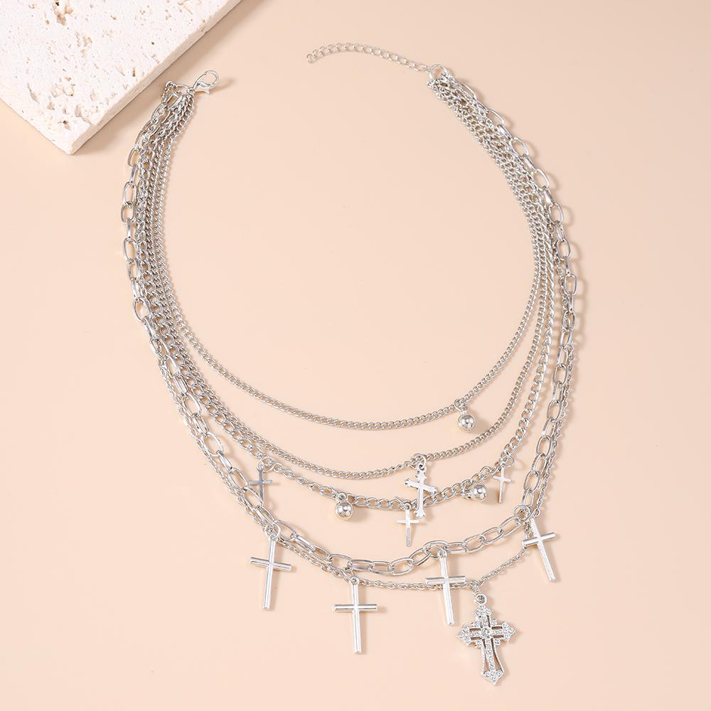 New Silver Color Cross Pendant Necklace Multilayer Metal Punk Choker Necklaces Chain Women Jewelry Gifts