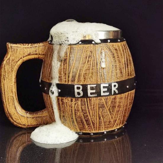 Stainless Steel Beer Mug  Wood Barrel Design Steins