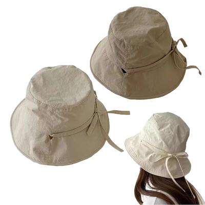 Soft Cotton Solid  Women's Drawstring Sun Protection Wide-brim Fisherman Hat, Summer Wide-brim Beach Travel Bucket Hat