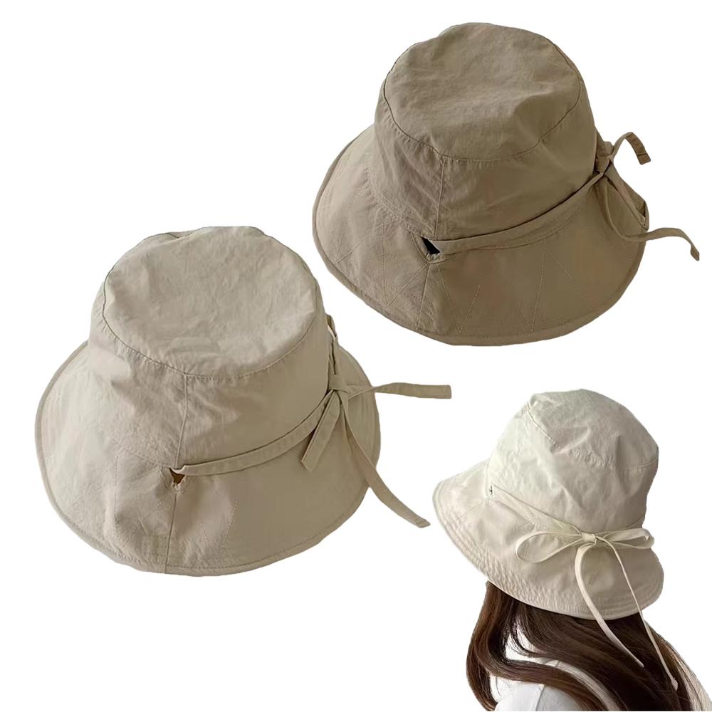 Soft Cotton Solid Women's Drawstring Sun Protection Wide-brim Fisherman Hat, Summer Wide-brim Beach Travel Bucket Hat