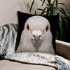 1 faux white and gray two-tone pigeon plush figure with modern style black background with flying or perching pigeon pattern