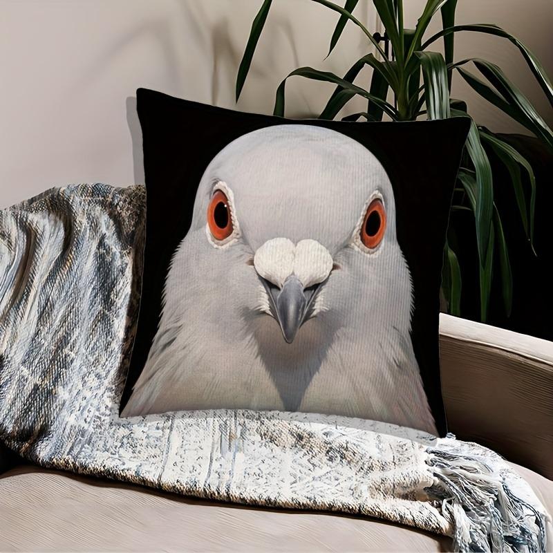 1 faux white and gray two-tone pigeon plush figure with modern style black background with flying or perching pigeon pattern