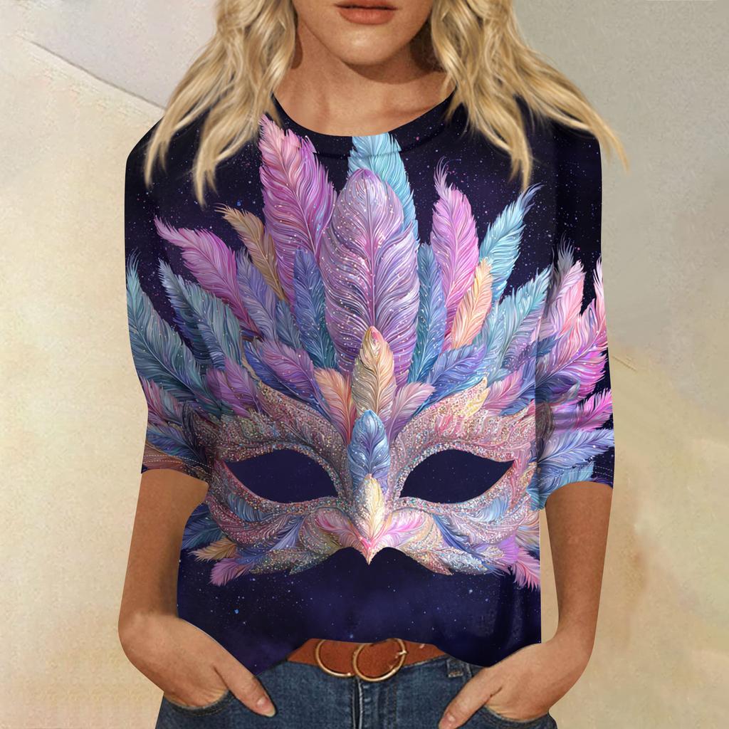 Dámské módní ležérní tričko s kulatým výstřihem a tříčtvrtečním rukávem s potiskem karnevalu