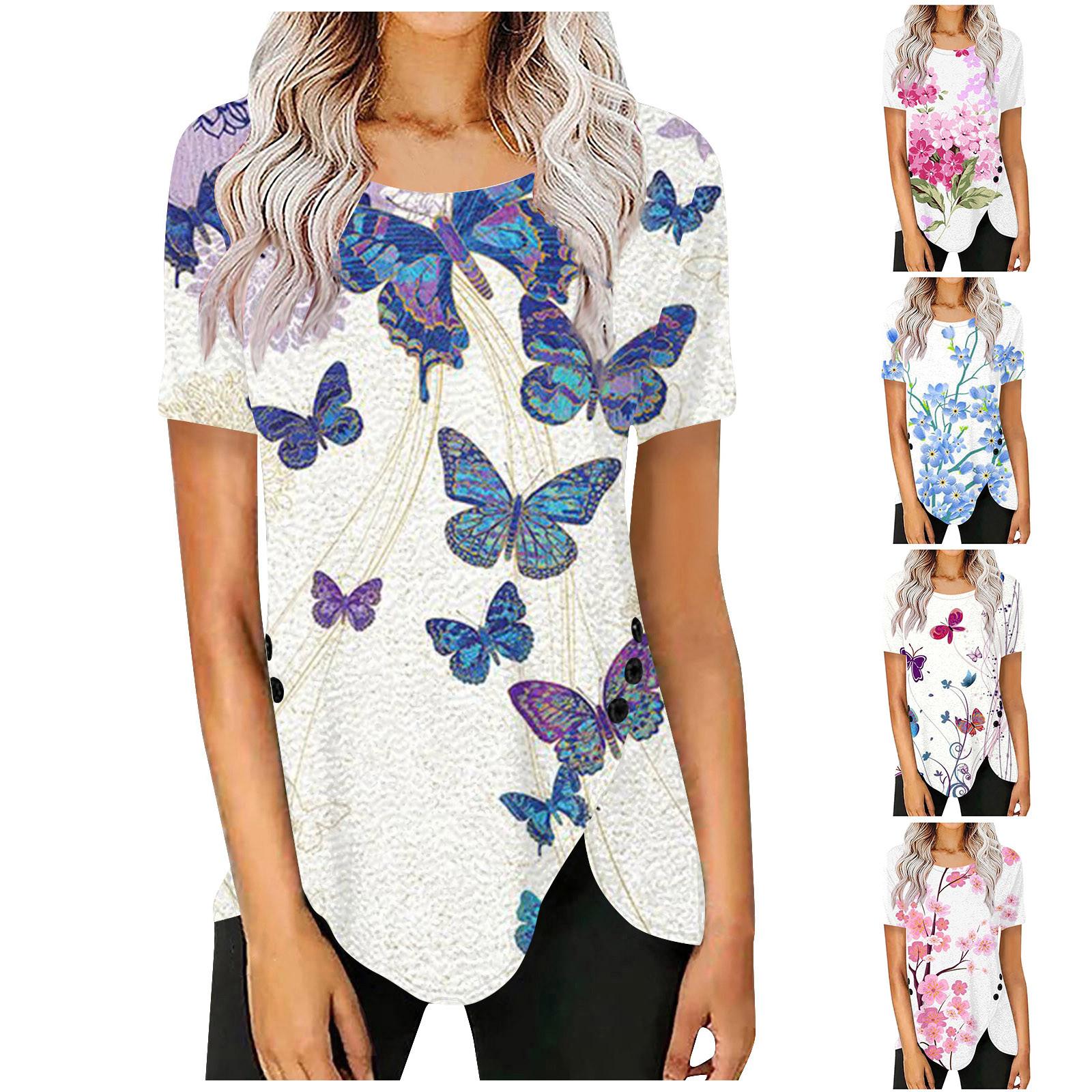 

Женская туника с коротким рукавом Свободные топы Повседневные топы больших размеров Плиссированная туника на пуговицах Повседневные летние футболки Женские топы Нарядные рубашки L синий