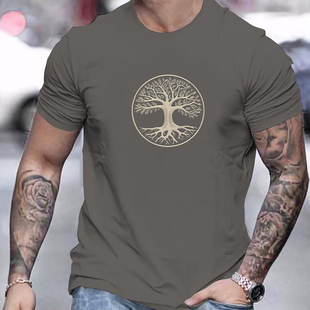 Men's summer 100% pure cotton fashionable casual sports wide pine pattern printed sports round neck short sleeved T-shirt top