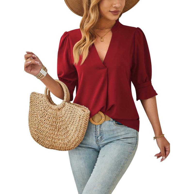 Sommer Damen T-Shirt Einfarbig V-Ausschnitt Halbarm Bequem Atmungsaktiv Lässiges Oberteil