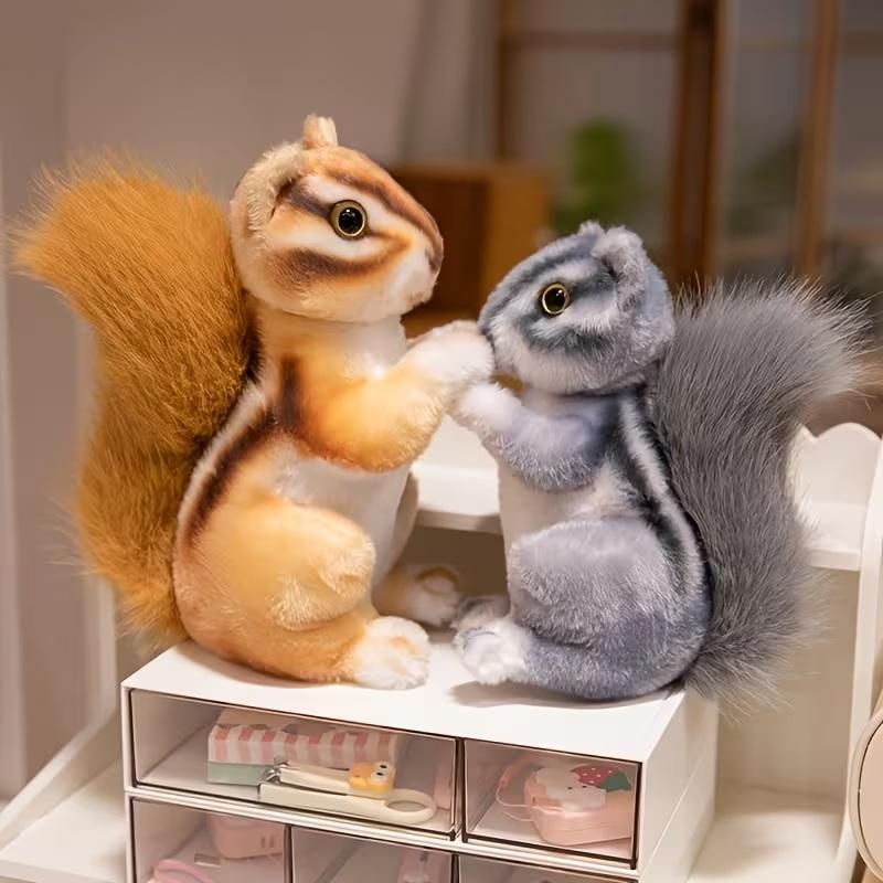 7.48-Inch Cute Big-Tailed Squirrel Plush Toy, Soft Gray-Brown Stuffed Animal With Fluffy Tail, Realistic Fur Home Decor