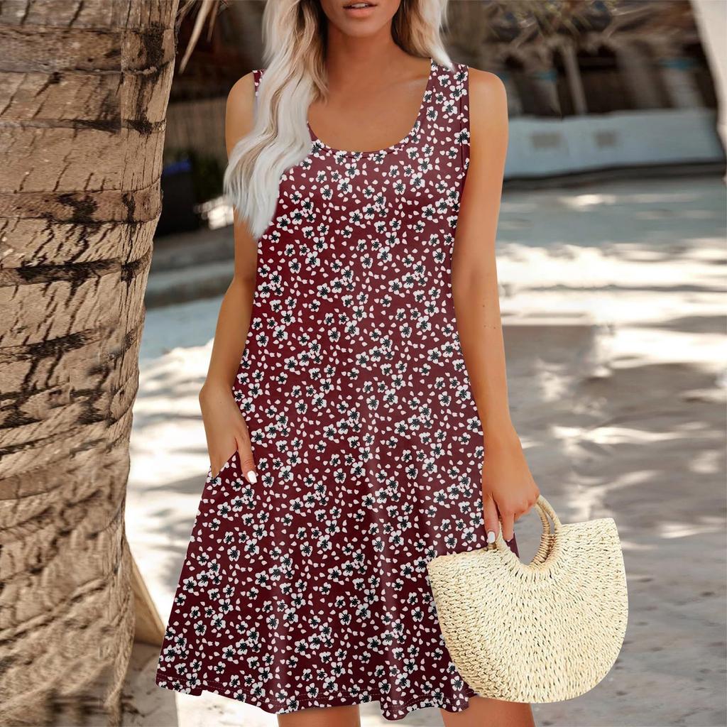 Women's Summer Floral High Waist Bohemian Dress Casual Hawaiian Flowing V Neck Holiday Dress