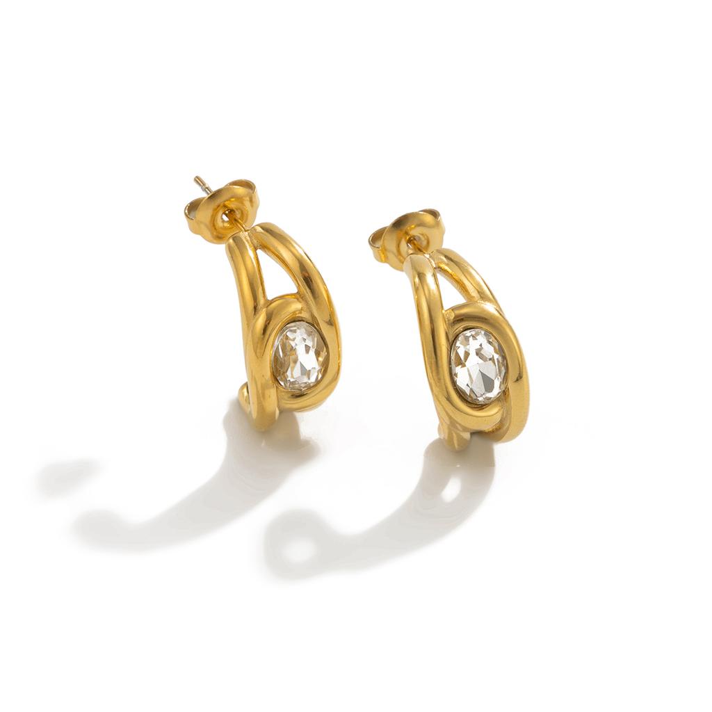 Salircon Exquisite Stainless Steel Glass Drill Stud Earrings Women's Luxury 18K Gold Plated Piercing Earrings Waterproof Jewelry