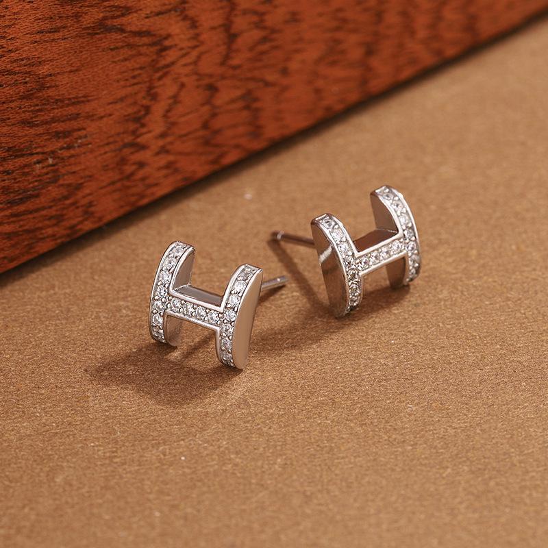 Orecchini a Bottone in Argento Sterling S925 con Lettera H Intarsiata di Diamanti per Donna - Stile Coreano Gioielli di Lusso Leggero Regalo