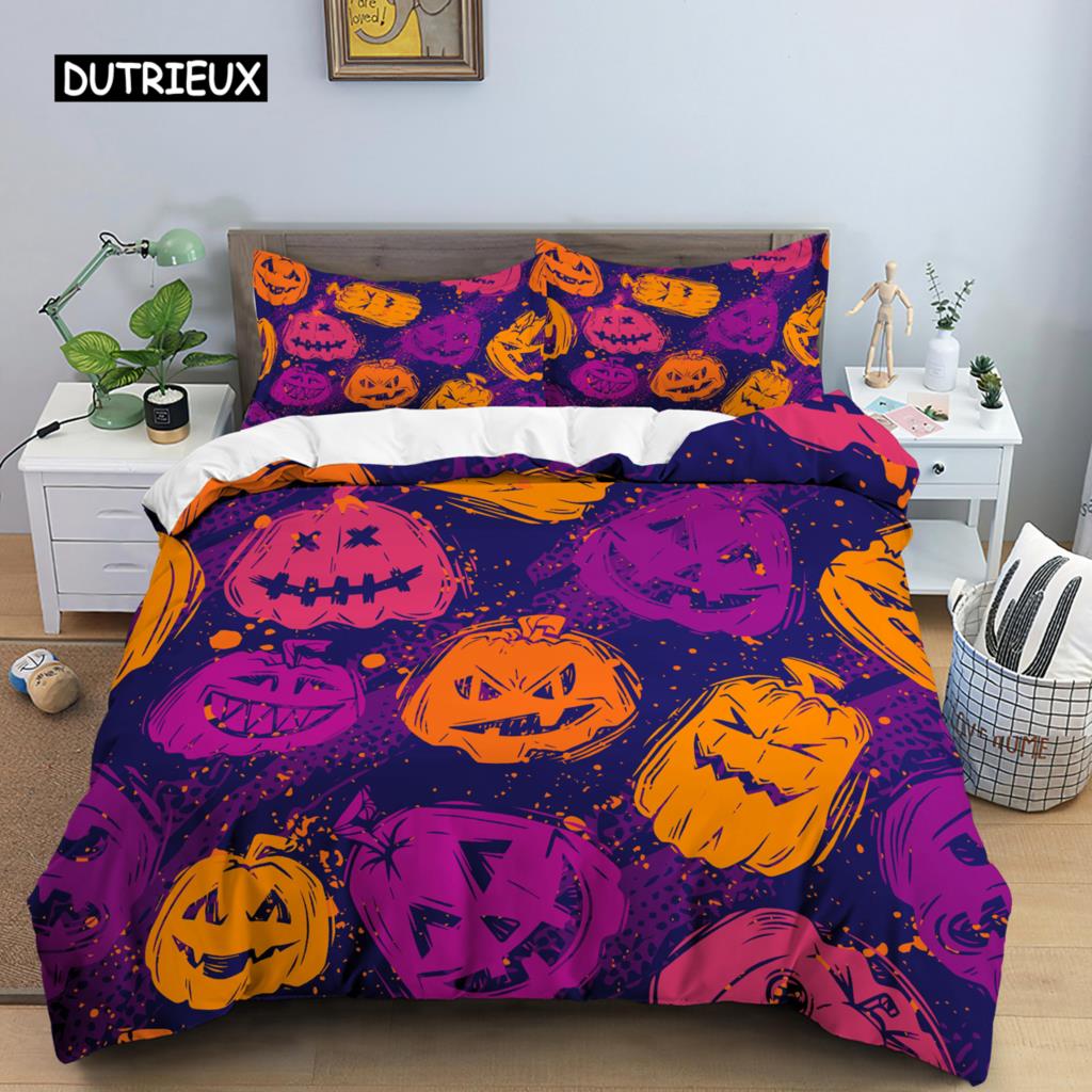 Happy Halloween King Queen Duvet Cover Orange Pumpkin Bedding Set Kids Teens Adults Bats Horror Festival Polyester Quilt Cover