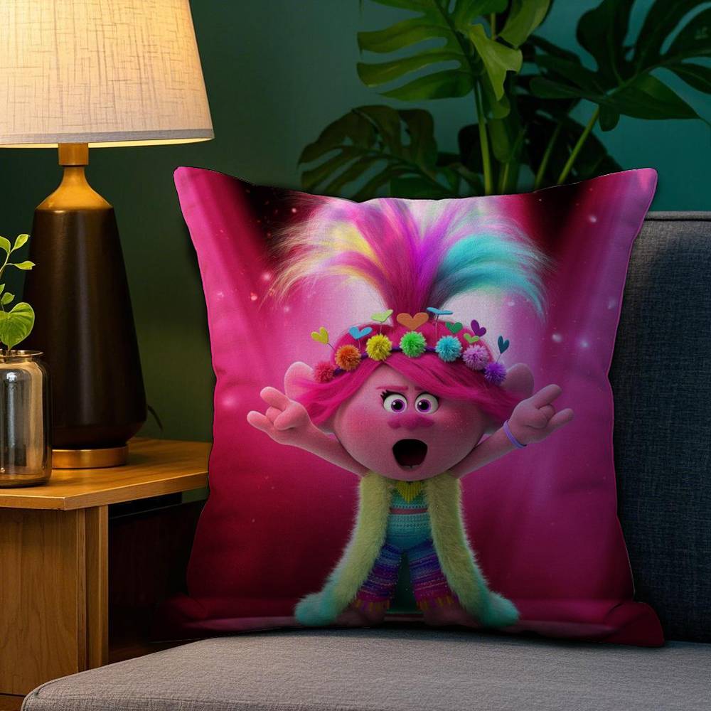 T-TrollsS Cartoon Pillow Case Plush Linen Soft Double Sided Printed Design Throw Cushion Decorative Home