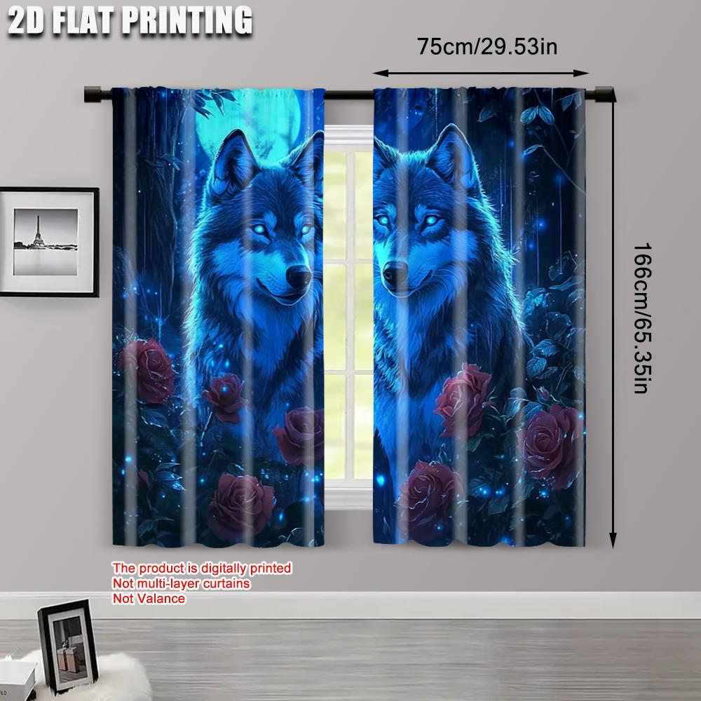 2pcs   Popular Curtain Panels 2D plane printing Mystical Wolf & Blue Roses Polyester (without rod) Decorations For Home for Home