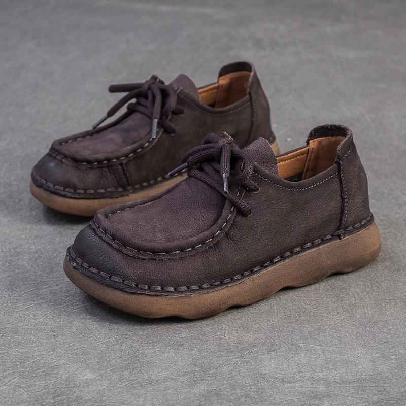 Johnature Echte Leder Ballerinas Bequem Vielseitig Schnürschuhe Pendeln Retro Weichbesohlte Damenschuhe