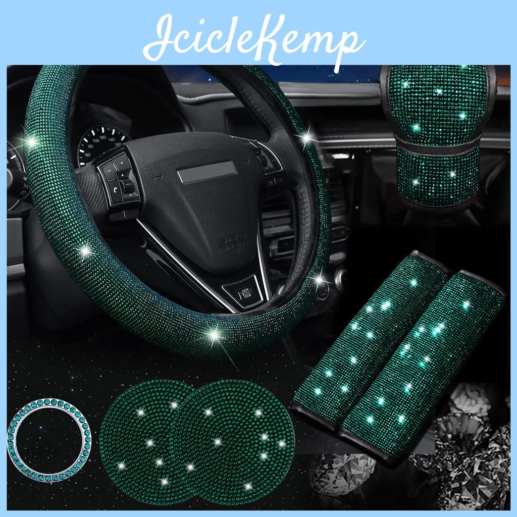 Accessory Set Diamond Rhinestone Car Steering Wheel Cover Seatbelt Covers Cup Coasters