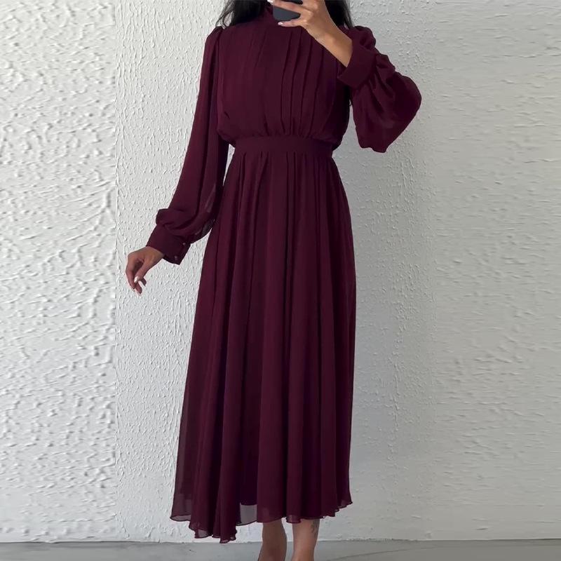 2024 Herbst Damen Einfarbig Hochtailliert Schlankmachend Plissiert Langarmkleid