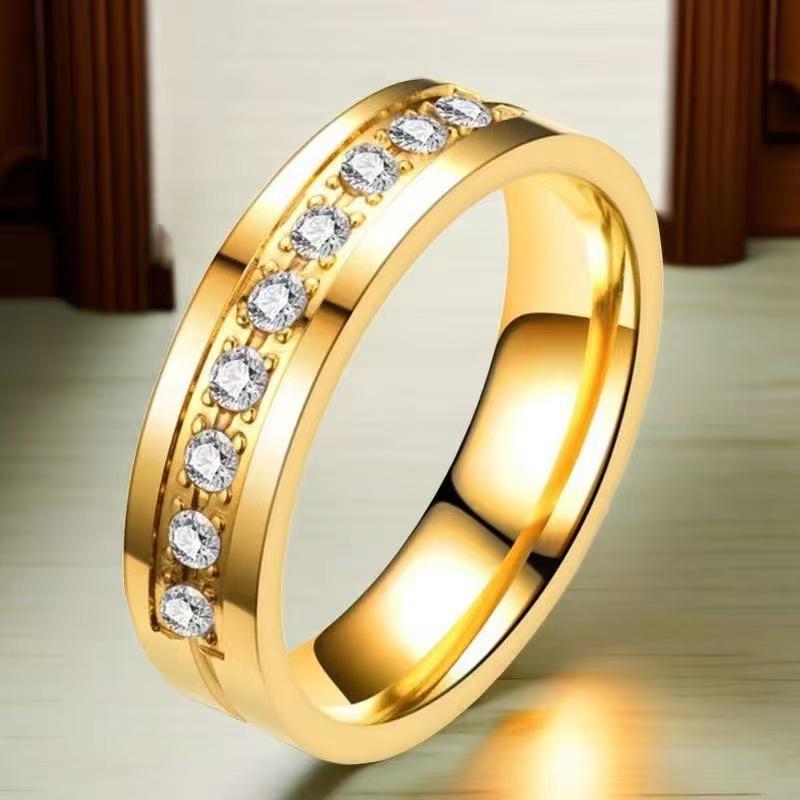 Stainless Steel Ring with Star-Inlaid Diamonds, Fade-Resistant, Titanium Finish
