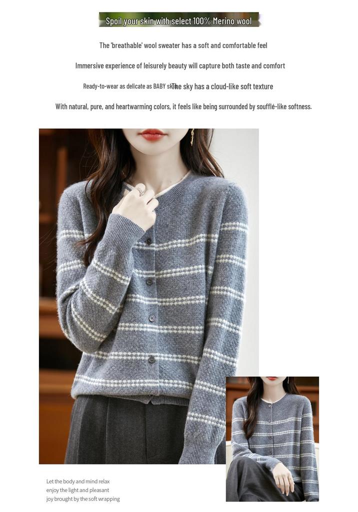 Women's Pure Wool Color Block Cardigan – Autumn/Winter New Arrival Striped Knit Sweater Coat with Round Neck.