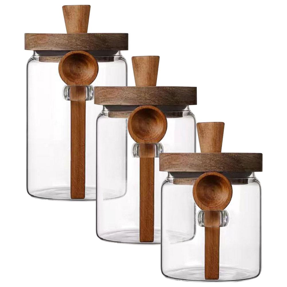 3 Sets Glass Spice Jar Sugar Holder Container with Spoon Spices Jars Seasoning Condiments Bottle Containers Seasonings