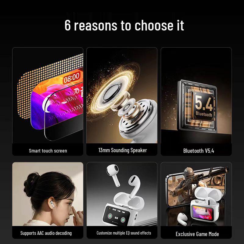 Bluetooth Noise-Cancelling TWS Earphones with Color Touch Screen for Sports and Music