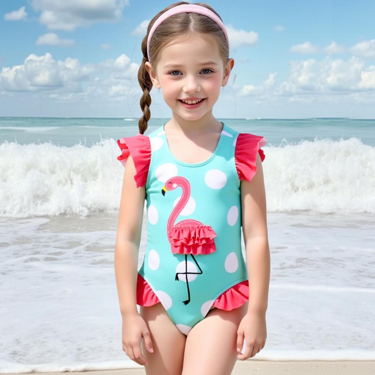 

2025 New Girls Flamingo 3D Ruffle One-Piece Swimsuit 6 Years