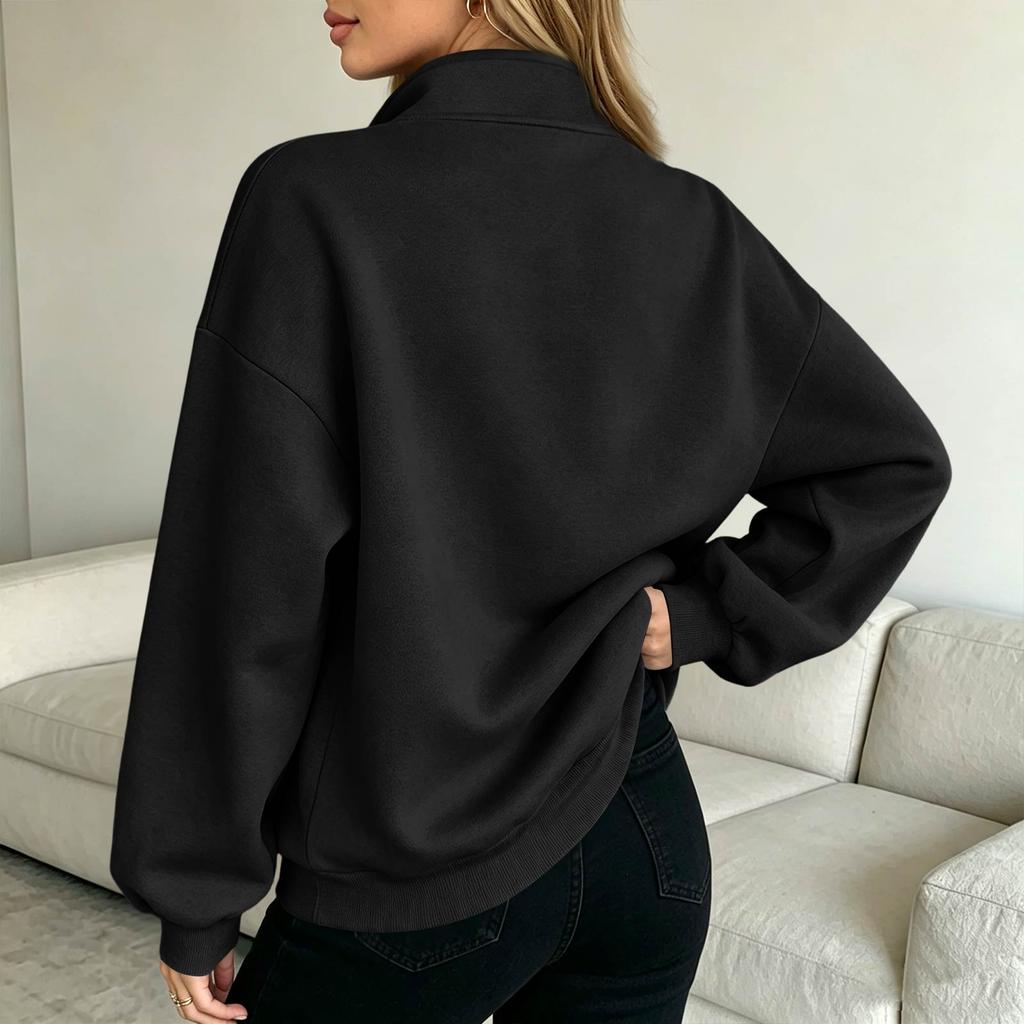 Women's Long Sleeve V-Neck Zip-Up Jacket, Casual Color Loose Fit Outerwear