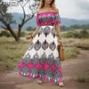 ZANZEA Women Casual Off Shoulder Short Sleeve Bohemian Print Long Dress