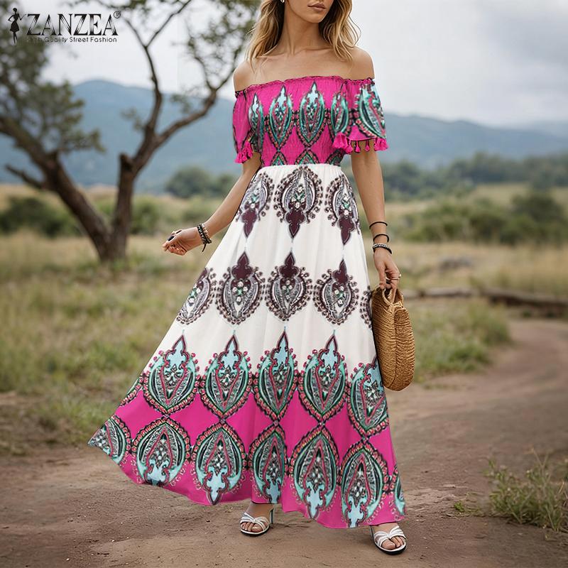 ZANZEA Women Casual Off Shoulder Short Sleeve Bohemian Print Long Dress