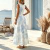 Sleeveless Maxi Dress Fresh Blue & White Print Lightweight Loose Fit Versatile Casual Dress for Beach Vacation & Daily Wear